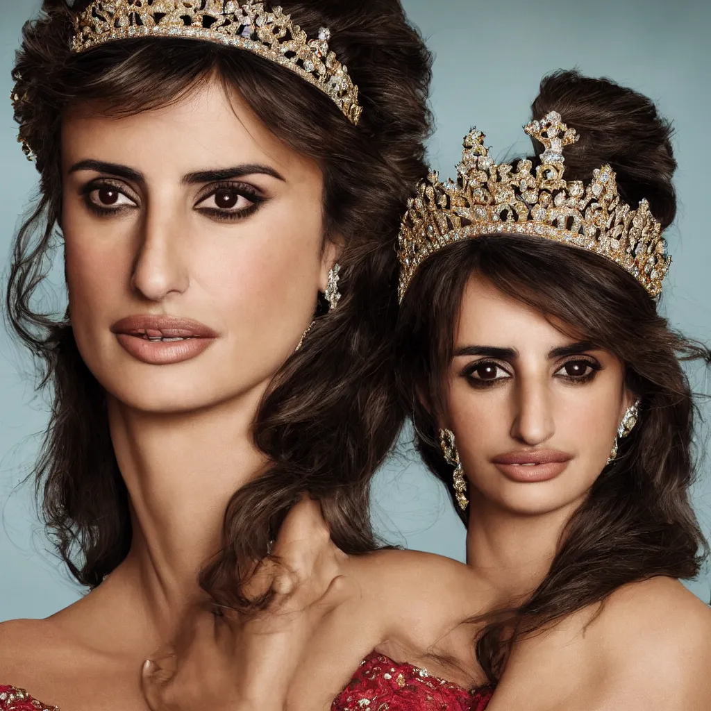 Image similar to penelope cruz as the princess of england, big crown adorned with emerald, diamonds, topaz, gold, ruby and other jewellaries, sensual, beautiful soft light failling on her face, zoomed out, studio photography, nikon 3 5 mm portrait photography, ultra realistic