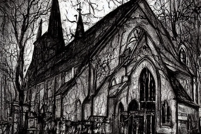 Image similar to mad horror painting of a old church in the woods by ben templesmith