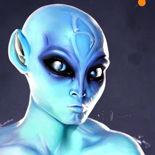 Prompt: a beautiful alien female who looks like the perfect mixture between an Assari from Mass Effect and a Twi'lek from Star Wars, blue skin, wearing provocative clothes, scifi, highly detailed portrait, digital painting, artstation, concept art, smooth, sharp focus, illustration, ArtStation HQ