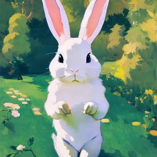 Image similar to a rabbit with ears down standing up by studio ghibli painting by joaquin sorolla rhads leyendecker an aesthetically pleasing dynamic energet