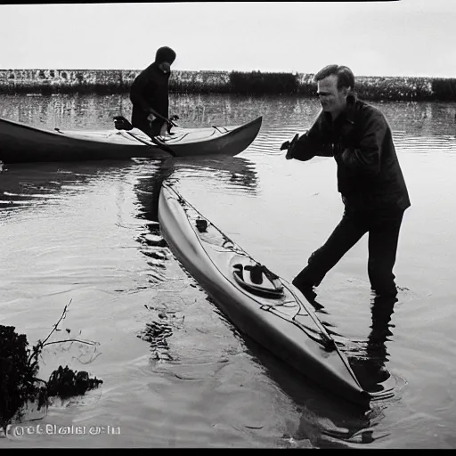 Prompt: mister rivers, johnny halliday and eddy barclay constructing a kayak in normandy, realistic, lomographie,