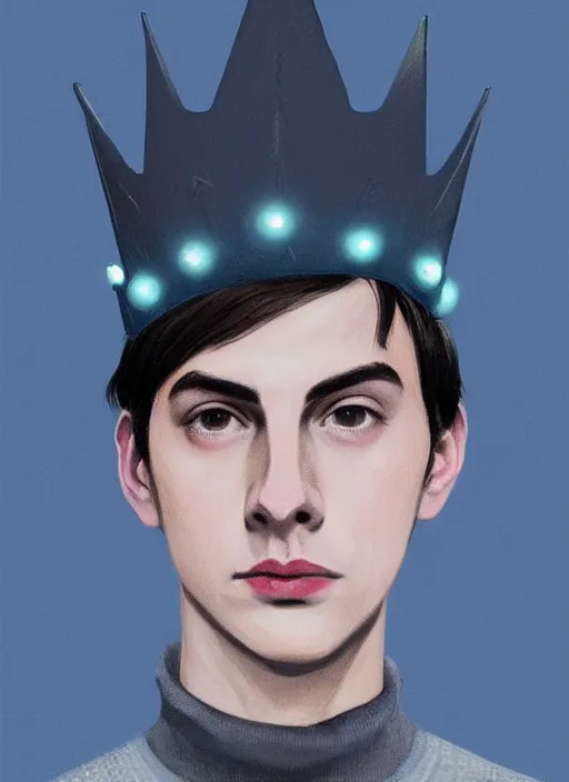 Image similar to portrait of teenage jughead jones wearing a light grey crown, crown, blue turtleneck, 1 9 5 0 s, closed eyes, photorealistic, black hair, glowing lighting, intricate, elegant, glowing lights, highly detailed, digital painting, artstation, concept art, smooth, sharp focus, illustration, art by wlop, mars ravelo and greg rutkowski