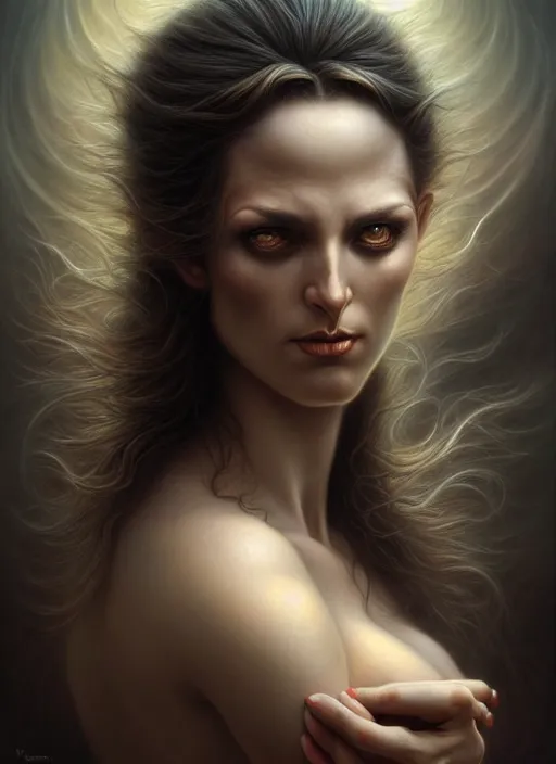 Prompt: woman embracing a devil, fine art, intricate, elegant, highly detailed, realistic hair, centered, digital painting, art station, conceptual art, soft, sharp focus, illustration, artwork, artgerm, tomasz alen kopera, peter mohrbacher, donato giancola, wlop, boris vallejo