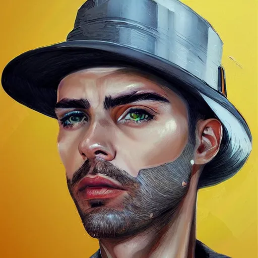 Image similar to beautiful sophisticated man face with a hat by sandra chevrier, artstation, hd, uplight