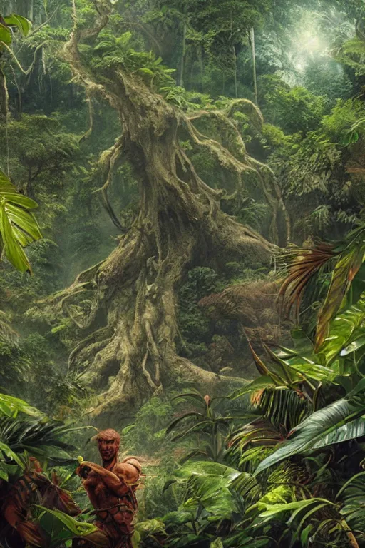 Image similar to a giant plant in the exotic jungle, landscape, alex ross, david finch, concept art, matte painting, highly detailed, rule of thirds, dynamic lighting, cinematic, detailed, denoised, centerd