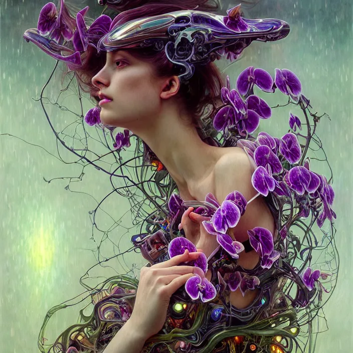 Prompt: psychedelic organic cyborg orchid in heavy wind and rain, diffuse lighting, fantasy, intricate, elegant, highly detailed, lifelike, photorealistic, digital painting, artstation, illustration, concept art, smooth, sharp focus, art by John Collier and Albert Aublet and Krenz Cushart and Artem Demura and Alphonse Mucha