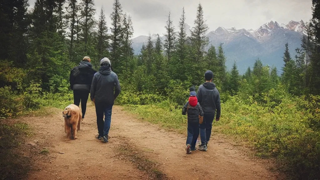 Prompt: “ one young boy in the middle of his parents, walk on a trail in forest, one golden retriever running happily, mountains in the background, highly detailed ”