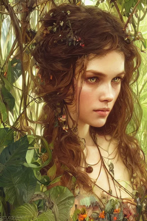 Image similar to ultra realistic illustration, bohemian girl in jungle, close up, staring directly into camera, intricate, elegant, highly detailed, digital painting, artstation, concept art, smooth, sharp focus, illustration, art by artgerm and greg rutkowski and alphonse mucha