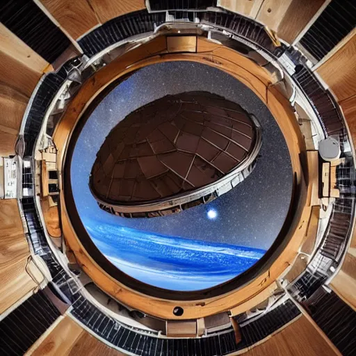 Prompt: photograph of a wooden space station in orbit