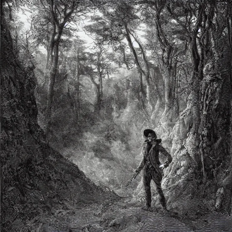 Prompt: an engraving of a highwayman standing in the interior of a forest by gustave dore, ian miller, highly detailed, strong shadows, depth, illuminated focal point, lithograph engraving