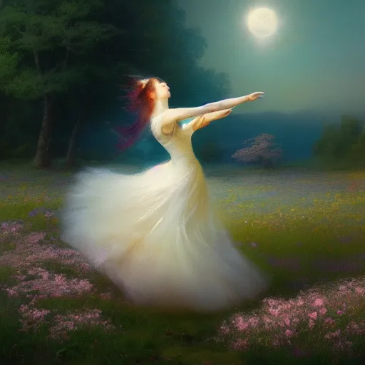 Image similar to the moonlit dance of the fae, dancers in white dancing across a flower meadow the moonlit dance by elena vizerskaya and ivan aivazovsky, perfectly detailed, artstation, sharp focus, highly detailed, studio photography, impresion de giclee arte abstracto, award winning