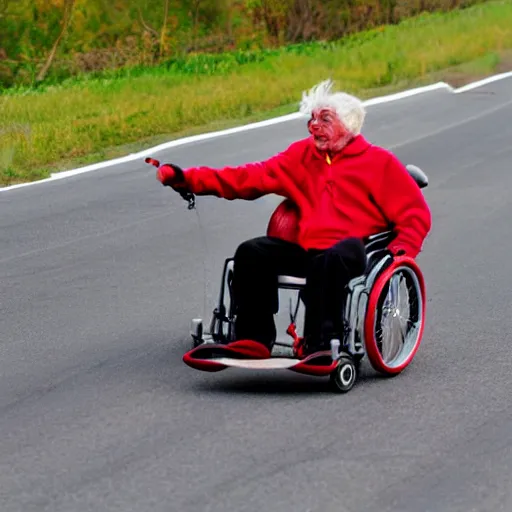 Image similar to old mad man on a red motorized wheelchair with the ferrari logo, highway, action shot