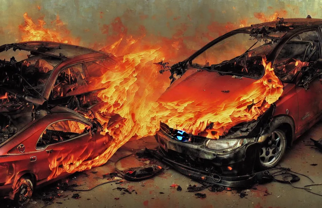 Prompt: abandoned honda civic on fire, detailed painting, epic lighting, by ilya repin, phil hale and kent williams