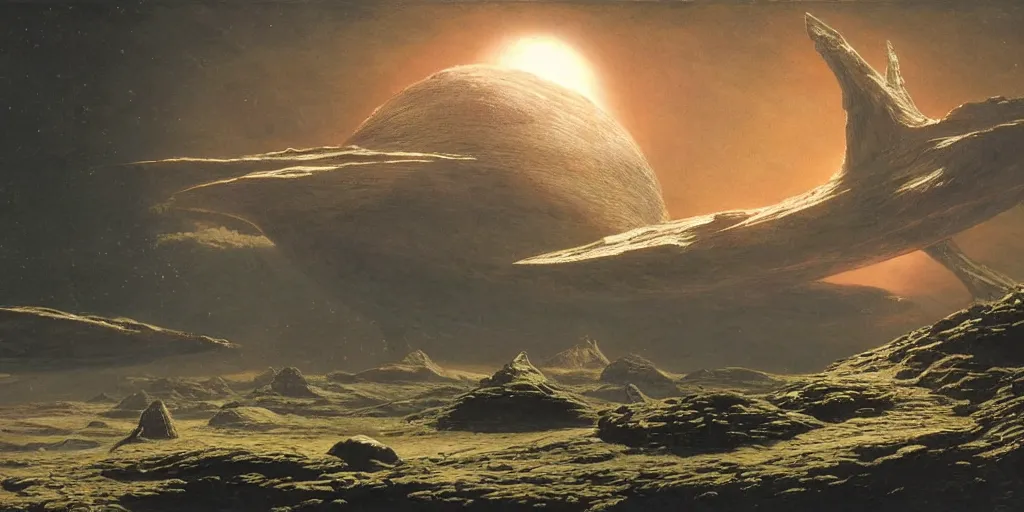 Image similar to large spaceship orbiting over a alien planet, volumetric light from nearby star, style by caspar david friedrich and wayne barlowe and ted nasmith.