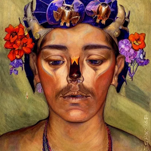 Prompt: the bone crown, by Annie Swynnerton and Nicholas Roerich and Diego Rivera, dark skin, elaborate costume, flowers, iridescent beetles, rich color, dramatic cinematic lighting, smooth, sharp focus, extremely detailed