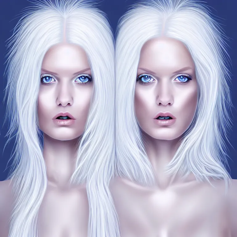 Prompt: professional digital art portrait of a wonderful symmetrical albino goddess with a fuffy white hair and dressed with a majestic sem transparent cotton dress