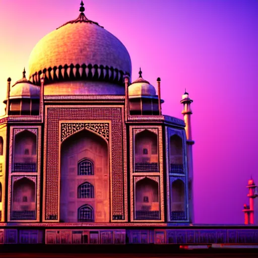 Image similar to if The Taj Mahal was built in cyberpunk 2077, hyper-realistic, futuristic, neon lights, digital art, cinematic 3d render