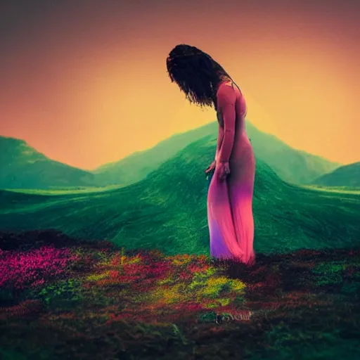 Image similar to A picture of a planet of various colors and plants, in which the human figure is dressed in something magical and impressive, inside the picture is infinity, sunset light, Atmospheric phenomenon, artistic photography, muted colors, conceptual