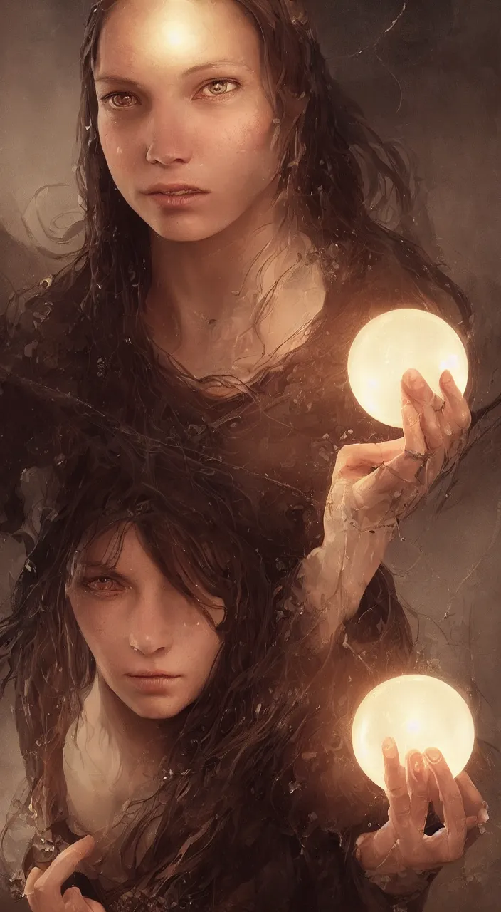 Prompt: portrait of a young witch with a crystal ball, true anatomy, detailed face, highly detailed, by greg rutkowski