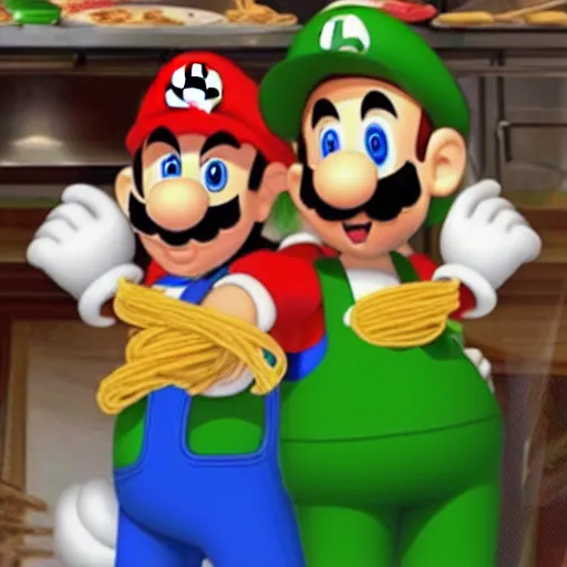 Prompt: photo of mario and luigi eating spaghetti at an italian restaurant