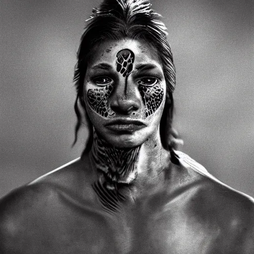 Image similar to portrait of a young jaguar warrior, street pic, depth of field, zeiss lens, detailed, symmetrical, centered, fashion photoshoot, b & w, by annie leibovitz and frank miller, jim jarmusch, moebius, breathtaking, 8 k resolution, extremely detailed, beautiful, establishing shot, artistic, hyperrealistic, beautiful face, octane render