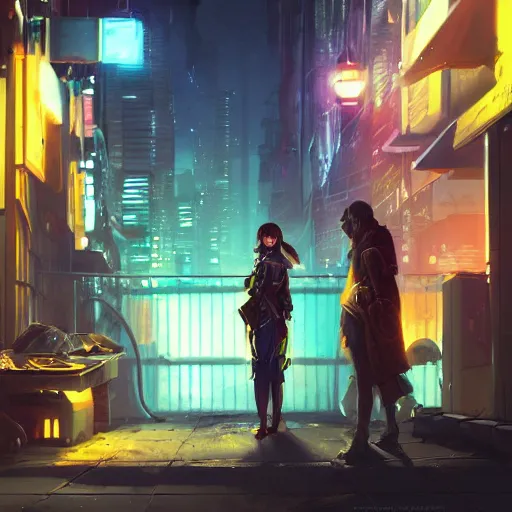 Image similar to two people haggling, detailed digital illustration by greg rutkowski, cyberpunk back alley, nighttime, colorful lighting, android netrunner