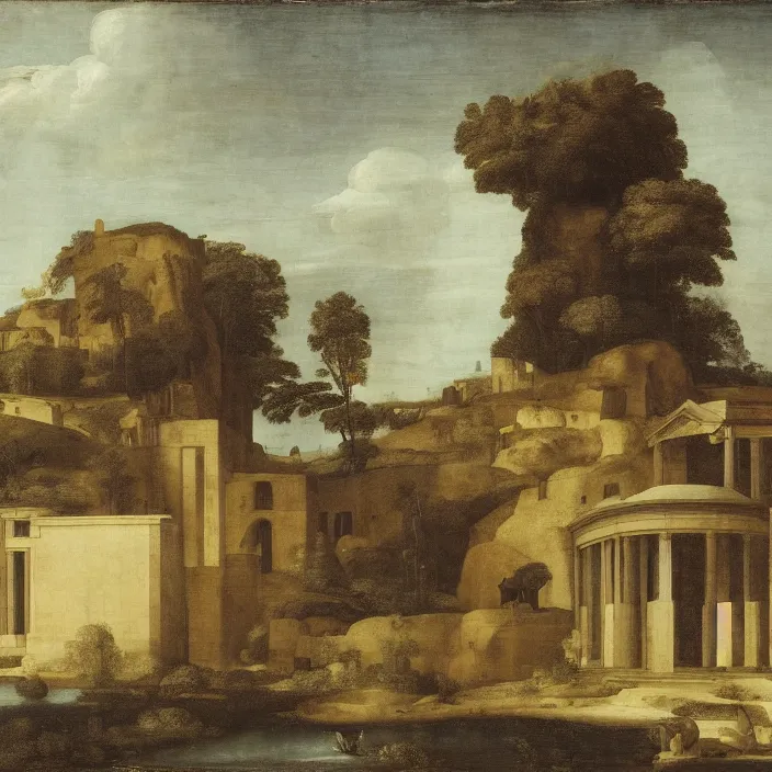 Image similar to a building in a serene landscape, by raphael