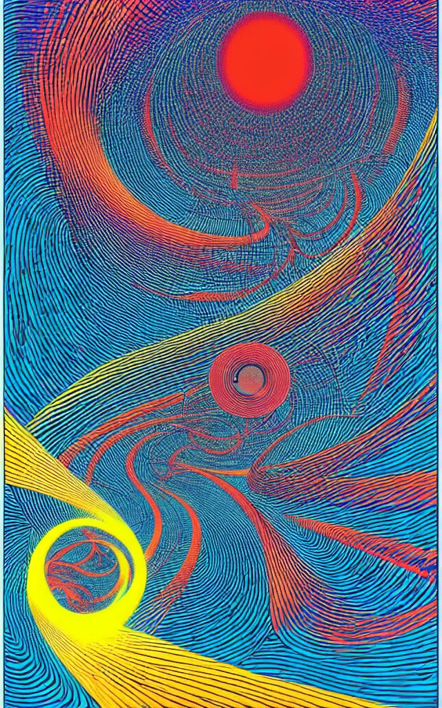 Prompt: wave, particle, synth, frequencies, pattern, oscillation. wave-particle duality. Retro art by jean giraud.