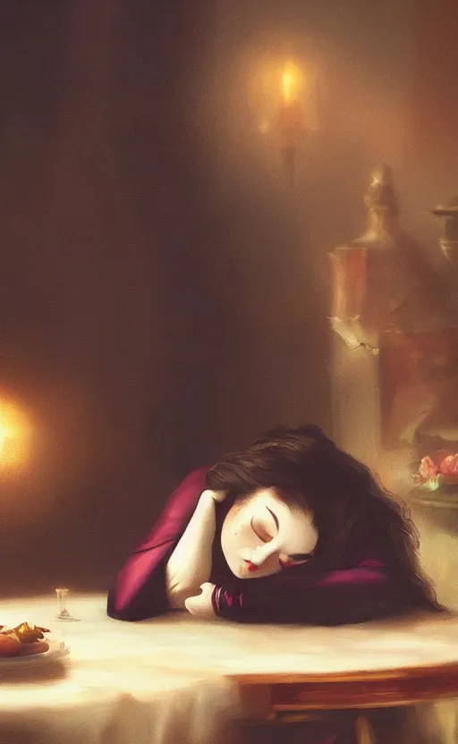 Image similar to a beautiful lady vampire falling asleep at a table, cinematic, art, epic, digital masterpiece, romantic lighting, pet hedgehog