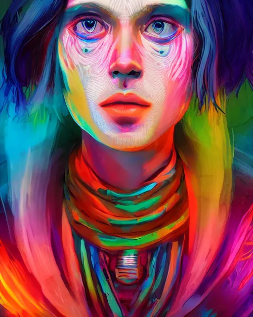 Image similar to colorful character portrait of a non - binary hippie, set in the future 2 1 5 0 | highly detailed face | very intricate | symmetrical | cinematic lighting | award - winning | painted by mandy jurgens | pan futurism, dystopian, bold colors, cyberpunk, groovy vibe, anime aesthestic | featured on artstation