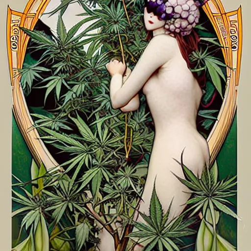 Image similar to hyper realistic, two beautiful and proud pigeon birds, majestic art-nouveau dank cannabis trees, by Range Murata and Mucha