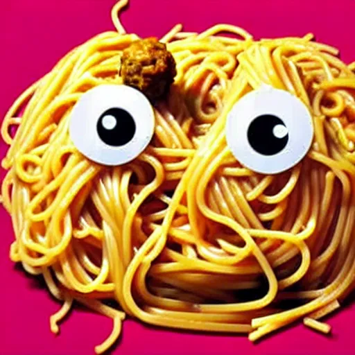 Prompt: a monster with a body made of spaghetti noodles and two big meatballs, with eyes at the end of the noodles that grow upward