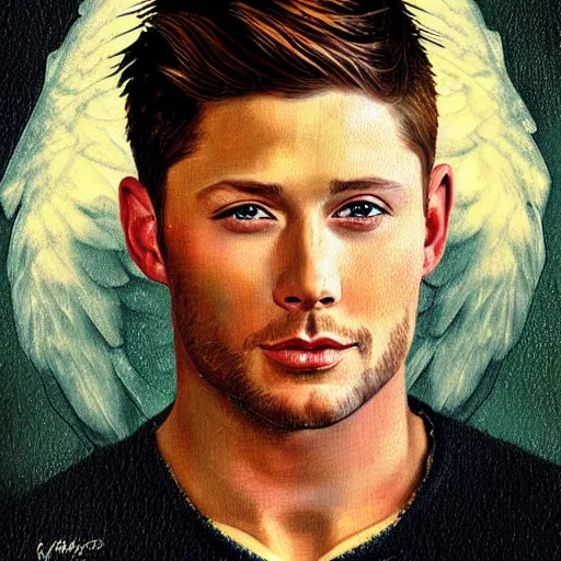 Image similar to Stunning portrait of handsome Jensen Ackles as an angel, in the style of norman rockwell, digital art,