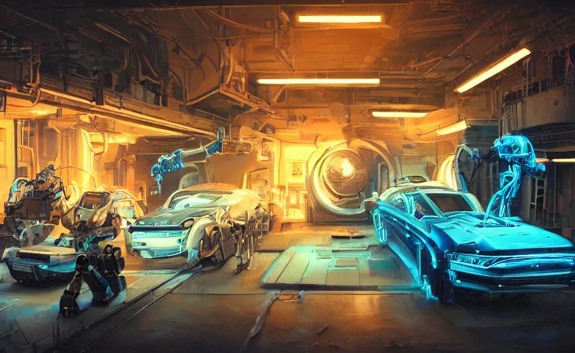 Prompt: interior shot, scifi robot repair workshop, large robotic mecha car, blue mustang robot car, robot skeleton mechanics working on a mustang car, robot mechanics, neon lights, neon lights, neon lights, neon lights, cinematic lighting, Craig Mullins, Greg Rutkowski, volumetric light, artstation, octane render, low angle camera