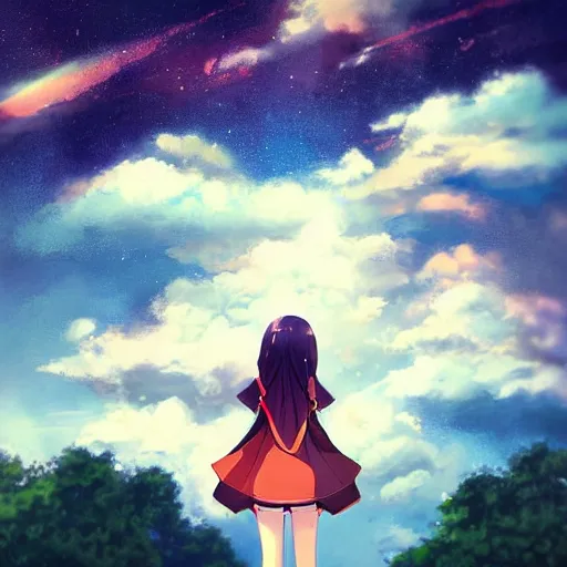 Image similar to cute anime girl looking in the sky surrounded by clouds by rossdraws