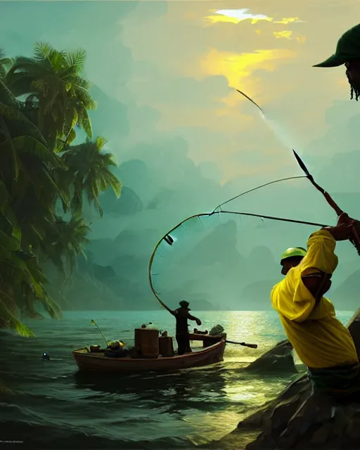 Image similar to fisherman, male, Jamaican, wide angle, yellows blacks greens reds, magical fishing rod weapon, D&D, fantasy, intricate, elegant, highly detailed, digital painting, artstation, octane render, concept art, matte, sharp focus, illustration, hearthstone, art by Artgerm and Greg Rutkowski and Alphonse Mucha