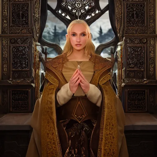 Image similar to the elder scrolls vi, charismatic regal blonde high elf female jarl, portrait, exquisitely designed throne room, atmospheric lighting, painted, intricate, volumetric lighting, beautiful, daytime, sunny weather, sharp focus, deep colours, ultra detailed, by leesha hannigan, ross tran, thierry doizon, kai carpenter, ignacio fernandez rios