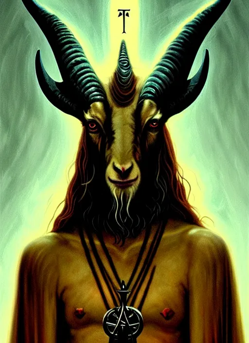 Image similar to elden ring themed orthodox baphomet goat jesus icon tarot card portrait, piercing gaze, byzantine aesthetic, doom, religious, sinister, ornate, intricate, beautifully backlit, subtle tones, digital painting, concept art, smooth, sharp focus, illustration, art by josan gonzalez, greg rutkowski, killian eng and zdizslaw beksinski