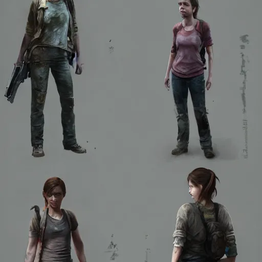 Image similar to TLOU The Last Of Us Screenshot emma watson as ellie from The Last Of Us full body fashion model emma watson by Richard Schmid by Jeremy Lipking by moebius by atey ghailan very rusty very worn out very torn texture