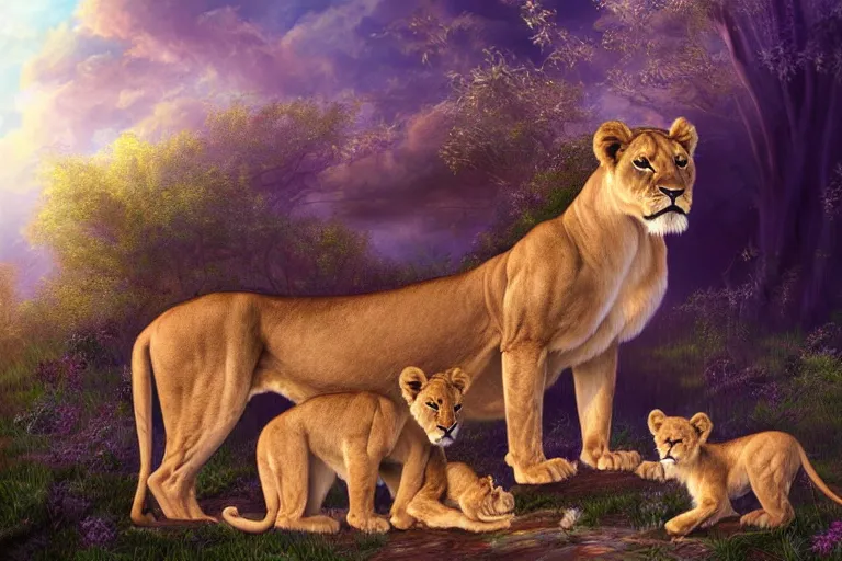 Prompt: beautiful aesthetic digital illustration of a lioness with a litter of baby cubs by Lisa Parker and Anne Stokes, matte background, deviantArt, artstation, trending on artstation