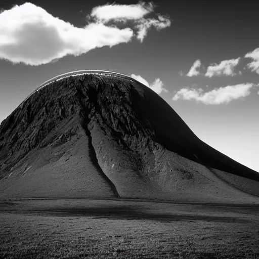 Image similar to a centrally peaked mountain in the style of ansel adams with a large black sphere on top, black and white large format photography