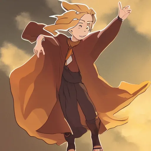 Prompt: blonde boy with golden eyes wearing a brown cape and flying in t pose, energy background, in the style of studio ghibli, artgerm