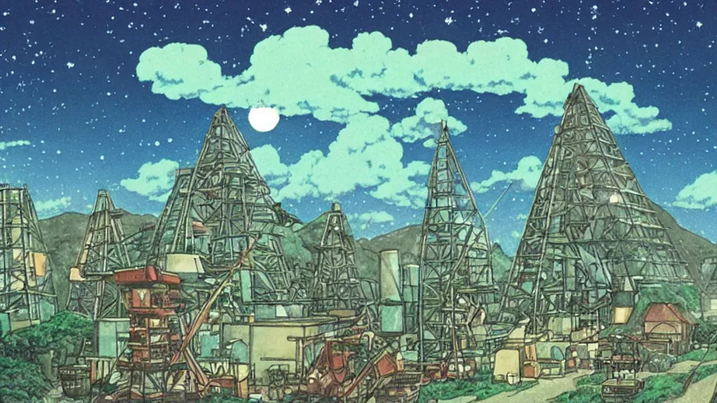 Image similar to a movie still from a studio ghibli film showing a huge industrial mining facility. a pyramid is under construction in the background, in the rainforest on a misty and starry night. a ufo is in the sky. by studio ghibli