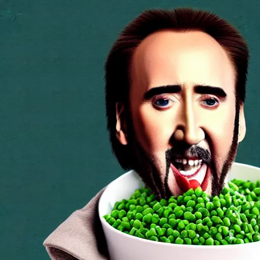 Image similar to nicolas cage with peas on his face, screaming in a wicker basket