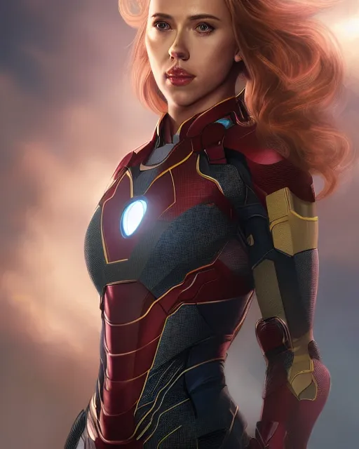 Image similar to 5 5 mm portrait photo of scarlett johansson as iron man. magical atmosphere. art by artgerm and greg rutkowski. highly detailed 8 k. intricate. lifelike. soft light. nikon d 8 5 0.