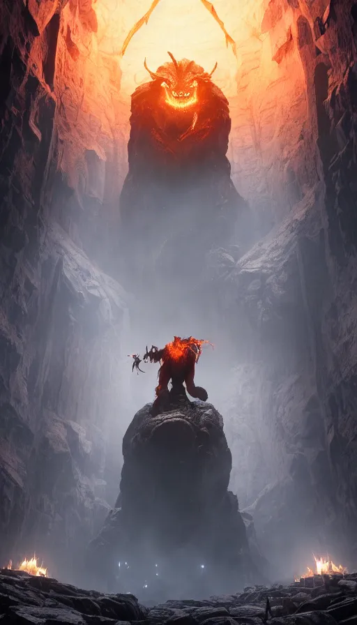 Image similar to The Balrog of Moria, epic portrait shot, cinematic lighting, Rendered Unreal Engine 5, film key art, Greg Rutkowski, Bloom, dramatic lighting