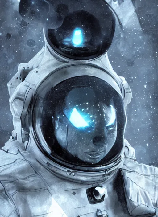 Image similar to concept art by craig mullins astronaut in futuristic dark and empty spaceship underwater infrared selfie. infrared glowing lights. complex and hyperdetailed technical suit. reflection and dispersion materials. rays and dispersion of light. volumetric light. 5 0 mm, f / 3 2. noise film photo. flash photography. unreal engine 4, octane render. interstellar movie art