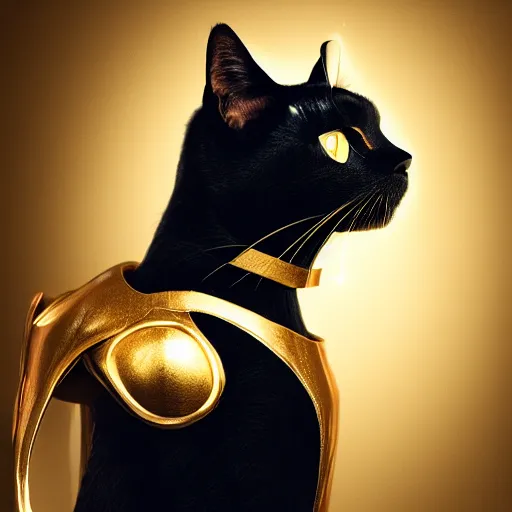 Prompt: portrait. black cat wearing a gold medieval knight armor. particle effects, cinestill, afrofuturism, sci - fi fantasy, 3 d render, stunning, regal