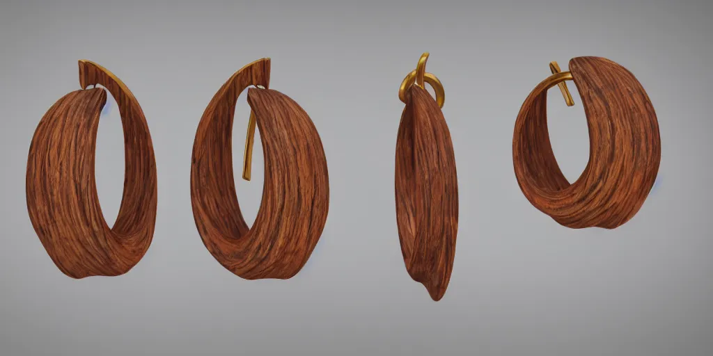 Image similar to earring design, jewelry design, wood, nordic, art deco, material, product design, trending on artstation, cgsociety, photo realistic, design by ziva cph and isabel lennse and kalevala, 8 k, unreal engine, c 4 d