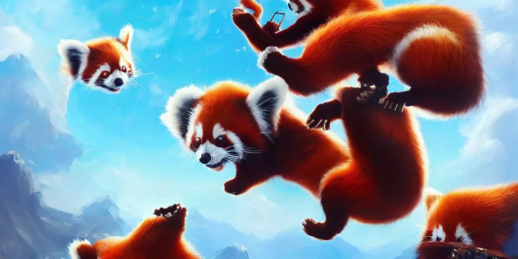 Prompt: Floating fantasy red pandas having fun over a blue ocean, Darek Zabrocki, Karlkka, Jayison Devadas, Phuoc Quan, trending on Artstation, 8K, ultra wide angle, pincushion lens effect.